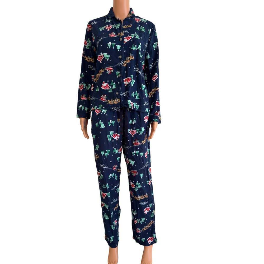 Old Navy Mens Small Blue Christmas Believe Pajama Set Santa Reindeer Flannel